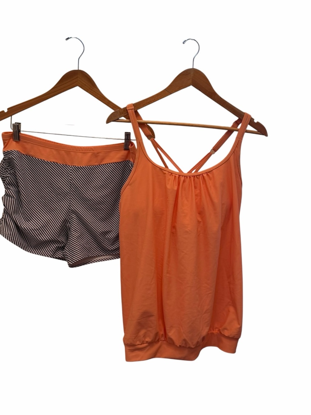 Orange Tankini Set XL Strappy Top & Striped Swim Shorts Womens